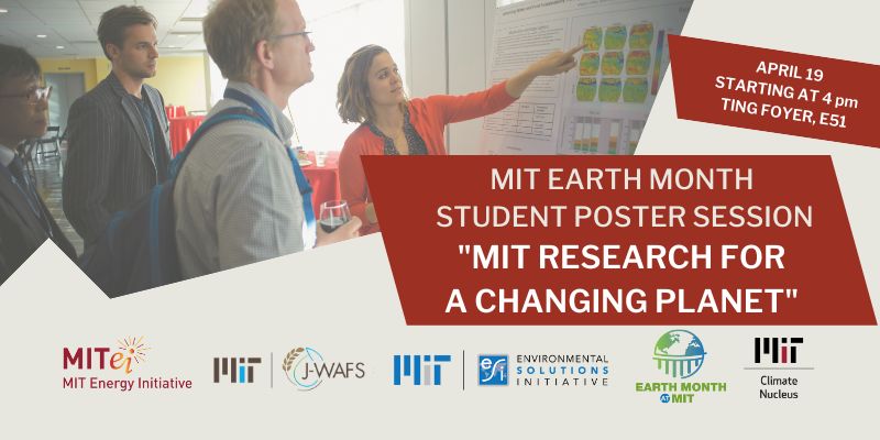 Woman showing a poster to men with Logos for J-WAFS, MITEI, ESI, MIT Climate Nucleus, and MIT Earth Month