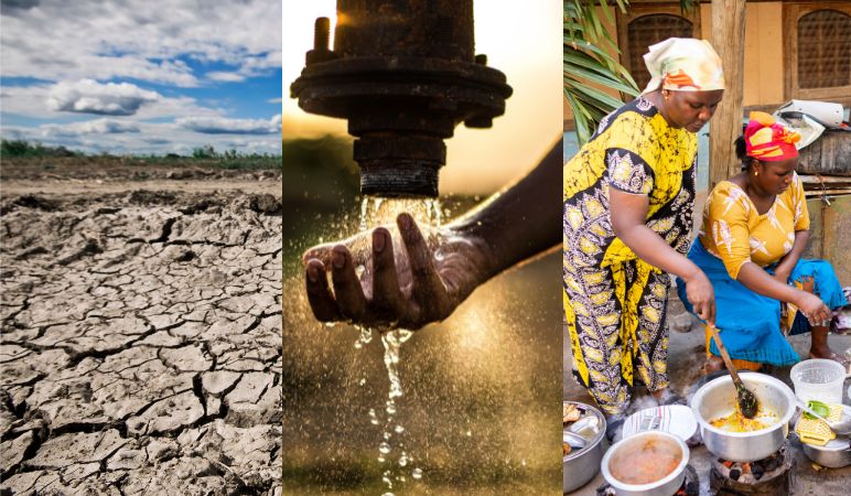 Three side by side photographs, the first of degraded, dried, land, the second of a hand under a water spigot, and the third of African women cooking food at an outdoor market