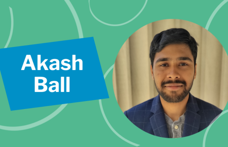 Akash Ball in a circular photo on the right with a green background and the words 'Akash Ball' on the left.