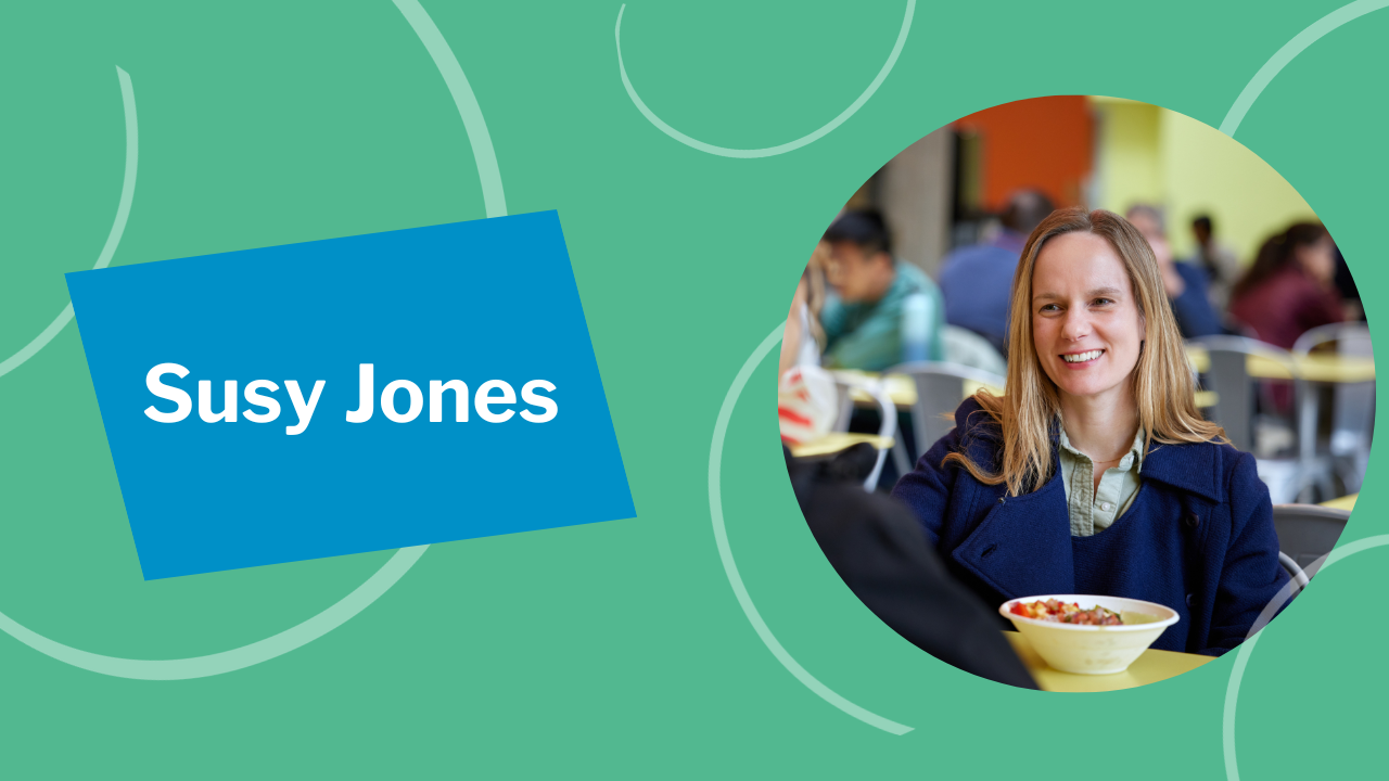 Susy Jones in a circular photo on the right with a green background and the words 'Susy Jones' on the left