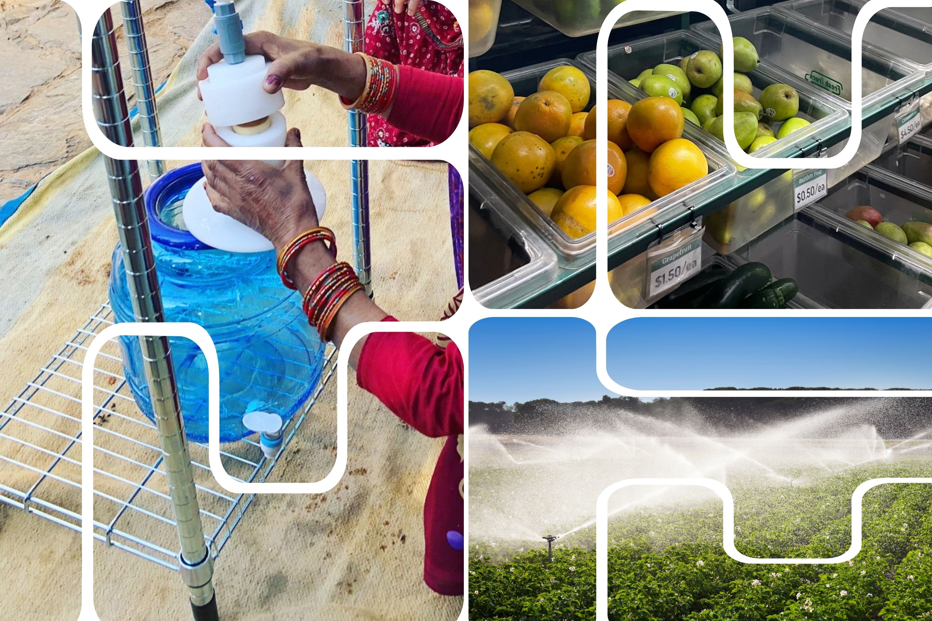 a collage of images of a water filtration device, fruit in a store, and cropland being irrigated, all in a pattern with white lines randomly cutting through