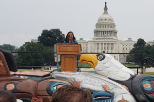 Photograph of Indigenous woman standing on a podium in front of the White House with other Indigenous People supporting her in the crowd.