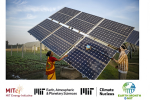 Two people adjusting a large array of solar panels in a field with MIT-related educational logos and the mention of Earth Month at the bottom.