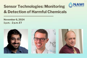 An event poster for "Sensor Technologies: Monitoring & Detection of Harmful Chemicals," featuring headshots of Rajeev Ram, Alexander Radosevich, and Tim Swager