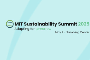 A blue background with black text displaying "MIT Sustainability Summit 2025" and other relevant information including the time and location. 