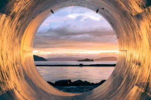 A body of water seen through a circular lens