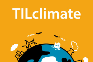 An orange background with half of the Earth at the bottom of the image with depictions of pollution and "TILclimate" written in large white letters. 