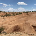 An image of a dry, desert region with a blue sky and clouds in the bakcground. 