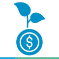 A cartoon icon in blue of a plant on top of a dollar sign with a circle around it