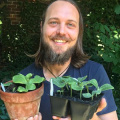 Robbie Wilson smiling and holding three small potted plants